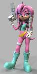  2017 3d_(artwork) anthro belt boots bottomless clothed clothing cybernetics digital_media_(artwork) echidna female footwear gloves hair hand_on_hip hi_res julie-su lemurfeature machine mammal monotreme shirt simple_background smile solo sonic_(series) standing topwear weapon 