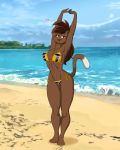  4:5 anthro beach bikini breasts brown_fur brown_hair cleavage clothed clothing deborah_bispo dipstick_tail domestic_cat felid feline felis female fur hair hi_res looking_at_viewer mammal multicolored_tail seaside smile solo stretching swimwear wendel_fragoso 