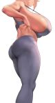  1girl ass blonde_hair breasts character_request commentary copyright_request eu03 from_side gigantic_breasts head_out_of_frame looking_back midriff pants sagging_breasts short_hair solo sports_bra strap_gap tight tight_pants undersized_clothes veins veiny_breasts yoga_pants 