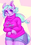  2016 anthro band-aid bandage clothing corelle-vairel eyelashes fan_character female fur green_hair hair hi_res my_little_pony neon neosagem piercing pink_eyes pink_fur short_jeans simple_background sweater tongue tongue_out topwear 