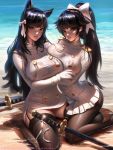  2girls aiguillette animal_ears asymmetrical_docking atago_(azur_lane) azur_lane bangs beach black_hair black_legwear blush bow breast_press breasts brown_eyes closed_mouth day english_commentary extra_ears eyebrows_visible_through_hair garter_straps gloves hair_bow hair_flaps hair_ribbon highres hug katana kneeling large_breasts liang_xing long_hair looking_at_viewer military military_uniform miniskirt mole mole_under_eye multiple_girls no_shoes ocean outdoors pantyhose parted_lips patreon_username ponytail ribbon sand sheath sheathed sitting skindentation skirt smile swept_bangs sword takao_(azur_lane) thighhighs uniform very_long_hair wariza weapon wet wet_clothes white_bow white_ribbon 