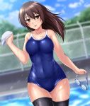  1girl alternate_costume black_legwear blue_sky blue_swimsuit blurry blurry_background breasts brown_eyes brown_hair chain-link_fence collarbone commentary_request covered_navel cowboy_shot day fence goggles goggles_removed hair_down kaga_(kantai_collection) kantai_collection long_hair medium_breasts one-piece_swimsuit outdoors poolside sky solo swim_cap swim_cap_removed swimsuit thighhighs wet zanntetu 