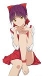  1girl akagi_(fmttps) barefoot bow choker commentary_request dress eyebrows_visible_through_hair gegege_no_kitarou hair_bow highres long_sleeves looking_at_viewer nekomusume nekomusume_(gegege_no_kitarou_6) pointy_ears purple_hair red_bow red_choker red_dress shirt short_hair simple_background sitting solo white_background white_shirt yellow_eyes 