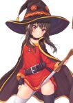  1girl bandaged_leg bandages belt black_belt black_gloves black_hair black_headwear blush cape collar cowboy_shot dress fingerless_gloves gloves hat holding holding_staff kono_subarashii_sekai_ni_shukufuku_wo! megumin mismatched_legwear pensuke red_dress red_eyes short_hair_with_long_locks sidelocks simple_background single_thighhigh smile solo staff standing thighhighs v-shaped_eyebrows white_background witch_hat 