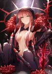  1girl bangs blunt_bangs breasts cleavage cosplay cu_chulainn_alter_(fate/grand_order) cu_chulainn_alter_(fate/grand_order)_(cosplay) earrings eyebrows_visible_through_hair fate/grand_order fate_(series) feather_trim hair_over_breasts highres hood jewelry koruta_(nekoimo) lancer long_hair looking_at_viewer medb_(fate)_(all) medium_breasts navel pink_hair sidelocks sitting solo very_long_hair yellow_eyes 