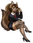  2016 anthro black_nose brown_hair canid canine clothing corelle-vairel eyewear female footwear glasses glistening glistening_hair hair hi_res high_heels legwear mammal office open_mouth red_tie shoes simple_background solo stockings suit white_background yellow_eyes 