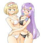 2girls alice_margatroid arnest asymmetrical_docking bangs bare_arms bare_shoulders bikini blonde_hair blue_bow blue_eyes blue_outline blush bow breast_press breasts collarbone commentary_request cowboy_shot crescent crescent_hair_ornament eyebrows_visible_through_hair frilled_hairband frills groin hair_bow hair_ornament hairband hug jitome large_breasts lolita_hairband long_hair looking_at_viewer multiple_girls navel no_hat no_headwear nose_blush patchouli_knowledge purple_eyes purple_hair red_bow red_hairband short_hair sidelocks simple_background smile standing stomach strap_gap swimsuit thighs touhou untying very_long_hair white_background white_bikini yuri 