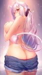  1girl absurdres ahoge ass back bangs blue_shorts blush breasts butt_crack covering covering_breasts eyebrows_visible_through_hair from_behind hair_ornament hair_scrunchie hairclip highres horns large_breasts long_hair looking_at_viewer looking_back original panties panty_pull pink_hair red_eyes red_panties scrunchie shorts shorts_pull shoulder_blades sidelocks solo tail tareme tatapopo topless underwear wading wet 