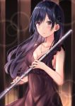  black_hair blush breasts cleavage dress flute hair_ornament hairclip highres holding instrument jewelry long_hair necklace open_mouth original sleeveless sleeveless_dress tsukasa_0719 