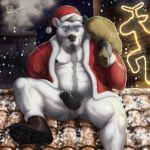  1:1 2018 anthro bag balls belly black_nipples black_nose black_penis blue_eyes boots bottomless breath chest_tuft christmas christmas_lights clothed clothing crotch_tuft digital_media_(artwork) erection footwear front_view fur grey_hair hair hat headgear headwear hi_res holding_object holidays humanoid_penis looking_at_viewer male mammal night nipples outside partially_clothed penis pinup polar_bear pose precum quads roof rov santa_clothing santa_hat signature sitting sky slightly_chubby smoke snow solo spread_legs spreading text tuft ursid ursine white_fur 