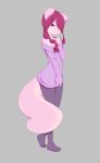  anthro big_tail biped boysie_(miu) clothed clothing female full-length_portrait fully_clothed fur grey_background grey_clothing hair hair_over_eye light_fur long_hair long_tail looking_at_viewer mammal miu multicolored_fur pink_fur pink_hair pink_nose portrait purple_clothing purple_eyes rodent sciurid simple_background solo standing tree_squirrel two_tone_fur 