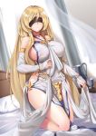  1girl bare_shoulders bed_sheet bedroom blindfold blonde_hair breasts curtains detached_sleeves dress goblin_slayer! highres hip_vent impossible_clothes jewelry kneeling large_breasts long_hair looking_at_viewer on_bed sideboob smile solo sword_maiden youl 