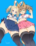  2girls animal_ears ass_visible_through_thighs bangs black_legwear blonde_hair blue_background blue_skirt blush brown_hair bunny_ears commentary crop_top elin_(tera) flat_chest forehead fox_ears fox_tail from_below green_eyes highres mojarin_(kihara_mojarin) multiple_girls navel open_mouth pink_skirt pleated_skirt purple_eyes sailor_collar shirt short_sleeves side_ponytail signature simple_background skirt tail tera_online thighhighs thighs tied_shirt triangle_mouth two_side_up w zettai_ryouiki 