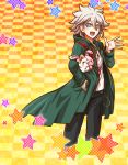  1girl :d black_pants blue_eyes chain checkered checkered_background danganronpa floating_hair green_coat hair_between_eyes hood hood_down hooded_coat komaeda_nagito looking_at_viewer monomi open_mouth outstretched_hand pants print_shirt shirt silver_hair smile solo standing super_danganronpa_2 white_shirt yellow_background yumaru_(marumarumaru) 