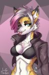  2019 anthro black_nose blue_eyes breasts canid canine clothed clothing female longdanger mammal open_mouth smile solo tongue 