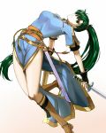  1girl black_gloves blue_dress boots brown_footwear delsaber dress dual_wielding earrings fingerless_gloves fire_emblem fire_emblem:_rekka_no_ken floating_hair full_body gloves green_eyes green_hair holding holding_sword holding_weapon jewelry knee_boots long_hair lyndis_(fire_emblem) parted_lips short_sleeves side_slit simple_background solo sword very_long_hair weapon white_background 