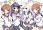  4girls :d ;d akatsuki_(kantai_collection) anchor_symbol anniversary aruka_(alka_p1) belt black_legwear blue_eyes blue_headwear blue_skirt brown_eyes brown_hair confetti eyebrows_visible_through_hair fang flat_cap folded_ponytail hair_between_eyes hair_ornament hairclip hammer_and_sickle hat hibiki_(kantai_collection) ikazuchi_(kantai_collection) inazuma_(kantai_collection) kantai_collection long_hair long_sleeves looking_at_viewer multiple_girls neckerchief one_eye_closed open_mouth pantyhose pennant pleated_skirt purple_eyes purple_hair red_neckwear sailor_collar school_uniform serafuku short_hair silver_hair skirt smile star streamers string_of_flags thighhighs v verniy_(kantai_collection) white_headwear 