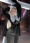 1girl absurdres arms_up black_dress black_hoodie blonde_hair blurry blurry_background brown_eyes capelet church dress hair_between_eyes hair_over_one_eye highres holding_cross indoors long_hair long_sleeves looking_at_viewer neck_ribbon nijisanji nun open_mouth popura_bijutu33 ribbon sister_cleaire solo standing very_long_hair virtual_youtuber white_capelet white_ribbon 