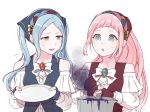  2girls artist_name bandana blue_eyes blue_hair felicia_(fire_emblem_if) fingerless_gloves fire_emblem fire_emblem_heroes fire_emblem_if flora_(fire_emblem_if) gloves grey_eyes highres holding holding_plate holding_pot long_hair long_sleeves multiple_girls open_mouth pink_hair plate ponytail pot siblings simple_background sisters solfa_(gikosweety) twintails upper_body white_background 