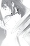  1girl breasts collarbone eyebrows_visible_through_hair floating_hair greyscale hair_between_eyes hair_over_breasts highres long_hair manyako_(mohumohu) medium_breasts monochrome novel_illustration nude official_art parted_lips root_avrora solo strike_the_blood upper_body wings 
