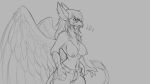  16:9 2018 anthro avian big_breasts breasts chest_tuft clothed clothing eyewear female glasses grey_background gryphon hair jeans karen_(redacted) long_hair monochrome musical_note navel nipples pants simple_background smile solo topless tuft watsup wide_hips wings 