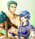  1boy 1girl :d blue_eyes blue_gloves blue_hair blue_shirt breastplate collarbone delsaber dieck fingerless_gloves fire_emblem fire_emblem:_fuuin_no_tsurugi gloves gradient gradient_background green_background green_eyes green_hair holding_polearm looking_at_viewer open_mouth scar scar_across_eye shirt short_hair short_sleeves shoulder_armor smile spaulders spiked_hair sword thany weapon white_shirt white_sleeves 