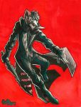  2019 5_fingers anthro atlus biped blade blood boneitis clothed clothing cosplay costume fur hair hi_res humanoid_hands male mammal megami_tensei outside persona procyonid raccoon solo stripes video_games weapon 