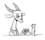  2019 ambiguous_gender antelope anthro black_and_white blush bovid clothed clothing didelphid duo facial_markings fuel_(artist) fuel_(character) gazelle hi_res horn mammal markings marsupial monochrome numbers_(character) simple_background size_difference standing tail_coil white_background 