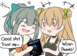  +++ 0_0 2girls :&gt; :d bags_under_eyes bangs bare_arms bare_shoulders black_dress black_shirt blush bow breasts brown_hair chibi cleavage collarbone commentary crossover dark_souls dress english_commentary english_text eyebrows_visible_through_hair girls_frontline green_bow grey_hair guin_guin hair_between_eyes hair_bow high_ponytail holding kantai_collection long_hair medium_breasts multiple_girls open_mouth orange_bow ponytail rfb_(girls_frontline) shirt short_sleeves simple_background sleeveless sleeveless_dress smile souls_(from_software) tired triangle_mouth two_side_up upper_body very_long_hair white_background yuubari_(kantai_collection) 