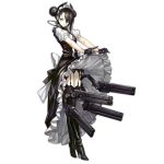  1girl agent_(girls_frontline) black_footwear black_gloves black_hair black_legwear black_panties boots cable crossed_legs double_bun dress dress_lift garter_belt garter_straps girls_frontline gloves gun high_heel_boots high_heels infukun juliet_sleeves long_sleeves looking_at_viewer maid maid_headdress mechanical_arms official_art panties pantyshot pantyshot_(standing) puffy_sleeves sangvis_ferri short_sleeves silver_eyes solo standing thigh_boots thighhighs transparent_background underwear watson_cross weapon 