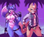  13:11 2018 anthro areola big_breasts blue_fur blue_hair breasts bulge canid canine clothed clothing digital_media_(artwork) duo female fox fox_mccloud fur gloves gun hair handgun krystal male mammal muscular muscular_male navel nintendo nipples pecs pussy ranged_weapon smile speedo sruto standing star_fox swimwear video_games weapon white_fur 