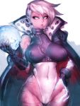  1girl bare_shoulders blue_eyes borderlands breasts cameltoe cape covered_navel fingerless_gloves fumio_(rsqkr) gloves groin hand_on_hip highres large_breasts lips short_hair simple_background skull solo thick_thighs thighs tyreen_calypso white_background white_hair wide_hips 