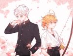  1boy 1girl ahoge armlet blue_eyes blush bow buttons cherry_blossoms closed_mouth collar commentary emma_(yakusoku_no_neverland) emma_is_emperor gloves green_eyes hand_in_pocket hand_up highres jacket japanese_clothes kimono long_sleeves looking_down looking_to_the_side norman_(yakusoku_no_neverland) orange_hair school_uniform short_hair simple_background smile uniform white_hair yakusoku_no_neverland 