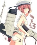  1girl ass bikini brown_eyes brown_hair cowboy_shot dated flat_chest fujii_jun gun hat kantai_collection machinery rifle sailor_bikini sailor_collar sailor_hat short_hair side-tie_bikini simple_background smokestack solo standing swimsuit weapon white_background white_bikini white_headwear white_sailor_collar z3_max_schultz_(kantai_collection) zzz 