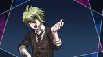  1boy amami_rantarou blue_background brown_cardigan collared_shirt danganronpa eyebrows_visible_through_hair green_eyes green_hair hair_between_eyes hand_on_hip looking_at_viewer male_focus necktie new_danganronpa_v3 official_alternate_costume official_style open_mouth shiny shiny_hair shirt sleeves_rolled_up solo striped striped_neckwear sweatdrop white_shirt wing_collar yumaru_(marumarumaru) 