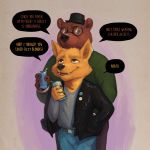  1:1 2019 5_fingers alcohol angus_delaney anthro beer beverage beverage_can biped black_jacket black_nose brown_fur canid canine claws clothed clothing couple_(disambiguation) dialogue duo english_text eyewear fox fully_clothed fur glasses gregg_lee grey_background hat headgear headwear hi_res humor jacket jeans leather leather_jacket looking_down looking_up male male/male mammal night_in_the_woods pants pun rov simple_background smile speech_bubble standing text topwear ursid video_games yellow_fur 