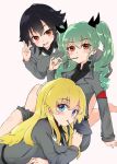  3girls alternate_eye_color anchovy anzio_military_uniform arm_support bangs black_hair black_ribbon black_shirt blonde_hair blue_eyes braid carpaccio dress_shirt drill_hair eating eyebrows_visible_through_hair food girls_und_panzer green_hair grey_jacket grey_pants hair_ribbon highres jacket kneeling leaning_forward long_hair long_sleeves looking_at_viewer lying military military_uniform mouth_hold multiple_girls on_stomach pants pants_rolled_up pepperoni_(girls_und_panzer) pocky red_eyes ribbon shirt side_braid sitting twin_drills twintails umxzo uniform v 