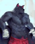  2019 abs absurd_res anthro black_fur boxing_tape canid canine canis cigarette clothed clothing fur hi_res male mammal muscular muscular_male nipples noctuaalbus pubes red_eyes smoking solo topless wolf 