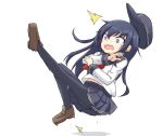  1girl :o akatsuki_(kantai_collection) anchor_symbol ass black_hair black_headwear black_legwear blue_eyes blue_skirt brown_footwear cossack_dance flat_cap full_body hat kakizaki_(chou_neji) kantai_collection loafers long_hair neckerchief open_mouth pantyhose pleated_skirt red_neckwear school_uniform serafuku shoes simple_background skirt solo white_background 