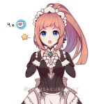  1girl absurdres blue_eyes bridal_gauntlets brown_hair felicia_(fire_emblem_if) fire_emblem fire_emblem_if highres long_hair long_sleeves maid maid_headdress open_mouth ponytail simple_background snowsakura_art solo star twitter_username upper_body white_background 