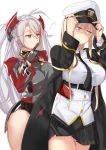  2girls antenna_hair azur_lane bangs belt bismarck_(azur_lane) black_belt black_choker black_coat black_neckwear blonde_hair blue_eyes breasts brown_eyes choker coat collared_shirt cosplay english_commentary enterprise_(azur_lane) enterprise_(azur_lane)_(cosplay) eyebrows_visible_through_hair hair_between_eyes hat headgear headwear highres iron_cross large_breasts long_hair long_sleeves military military_hat miniskirt multicolored_hair multiple_girls necktie open_clothes open_coat peaked_cap prinz_eugen_(azur_lane) red_hair shirt silver_hair skirt sleeveless sleeveless_shirt streaked_hair swept_bangs tnolize two-tone_gloves two_side_up underbust white_background 