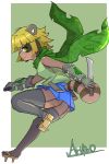  blonde_hair blue_bottomwear blue_clothing blue_skirt border bottomwear butt canid canine clothing eyebrow_through_hair eyebrows female furgonomics garter_straps green_background green_clothing green_eyes green_scarf hair hi_res legwear looking_at_viewer mammal melee_weapon mofumofumachine one_leg_up raccoon_dog raised_leg scarf simple_background skirt solo tanuki thigh_highs translucent translucent_hair weapon white_border 