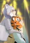  2girls animal_ear_fluff animal_ears artist_name black_hair blue_eyes commentary_request dog_(mixed_breed)_(kemono_friends) dog_ears elbow_gloves extra_ears eyebrows_visible_through_hair fangs fuzimiinuyamada gloves grey_gloves grey_hair hands_on_another&#039;s_shoulders highres kemono_friends long_hair looking_away multicolored_hair multiple_girls open_mouth orange_hair profile sharp_teeth short_hair siberian_tiger_(kemono_friends) slit_pupils teeth tiger_ears twitter_username two-tone_hair white_hair yellow_eyes 