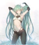  1girl aqua_hair armpits arms_up bangs bikini_top black_legwear blush breasts collar commentary_request dragon_girl dragon_horns elbow_gloves eyebrows_visible_through_hair fate/grand_order fate_(series) gloves grey_background holding holding_hair horns in_water kiyohime_(fate/grand_order) looking_at_viewer navel oukawa_yuu pantyhose simple_background solo splashing stomach swimsuit underboob water yellow_eyes 