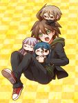  1boy :d ahoge black_jacket black_pants brown_hair character_doll checkered checkered_background danganronpa danganronpa_1 doll_on_head green_eyes green_sweater hair_between_eyes hood hood_down hooded_sweater jacket kirigiri_kyouko long_sleeves looking_at_viewer maizono_sayaka male_focus naegi_makoto open_mouth pants red_footwear shoes smile sneakers solo sweater togami_byakuya yellow_background yumaru_(marumarumaru) 