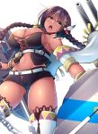  1girl anchor areola_slip areolae armpit_peek ass_visible_through_thighs azur_lane belt black_hair boots bracelet braid breasts c.r. chain cleavage covered_nipples cowboy_shot cropped_jacket eyebrows_visible_through_hair feathers glint hair_between_eyes hair_feathers hair_ornament jewelry large_breasts looking_at_viewer midriff navel open_mouth shield short_hair_with_long_locks short_shorts shorts simple_background solo south_dakota_(azur_lane) spaghetti_strap tassel thigh_boots thighhighs thighs turret twin_braids white_background white_legwear yellow_eyes 