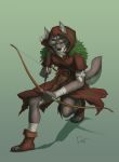  11:15 2019 4_toes anthro archer arrow bandage belt biped black_nose bow breasts canid canine canis claws clothed clothing digital_drawing_(artwork) digital_media_(artwork) eyebrows facial_markings female fluffy fluffy_tail fully_clothed green_eyes hi_res holding_object holding_weapon hood hunter kneeling mammal markings ranged_weapon rov shadow signature simple_background solo standing text toes weapon wolf 