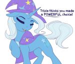  absurd_res cape clothing dialogue english_text equid evehly female friendship_is_magic hat headgear headwear hi_res horn mammal my_little_pony simple_background solo text trixie_(mlp) unicorn white_background wizard_hat 