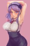  1girl aethos armpits arms_behind_head arms_up bangs black_flower black_hairband black_rose black_skirt bow breasts dagashi_kashi flower frills hair_flower hair_ornament hairband heart heart-shaped_pupils high-waist_skirt highres large_breasts looking_at_viewer purple_eyes purple_hair red_neckwear ribbon ringed_eyes rose shidare_hotaru short_hair skirt smile suspender_skirt suspenders symbol-shaped_pupils 