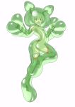  1girl :o breasts bubble clenched_hand eyebrows_visible_through_hair full_body green_hair green_skin highres leg_up looking_at_viewer monster_girl open_mouth personification pokemon red_eyes reuniclus short_hair shoukin500 small_breasts solo upper_teeth white_background 
